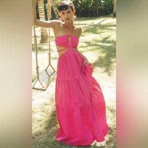 Jonathan Simkhai Laurel Fuchsia Maxi Cut-Out Halter Dress w/Side Pockets. Size M